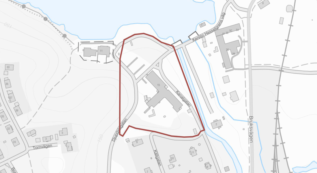 Karta där planområdet är markerat i rött